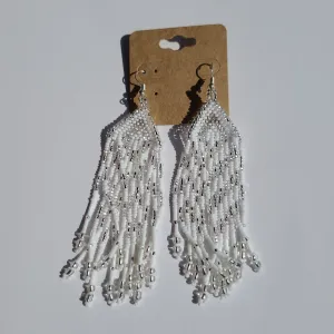 White and Silver Chevron Fringe Earrings