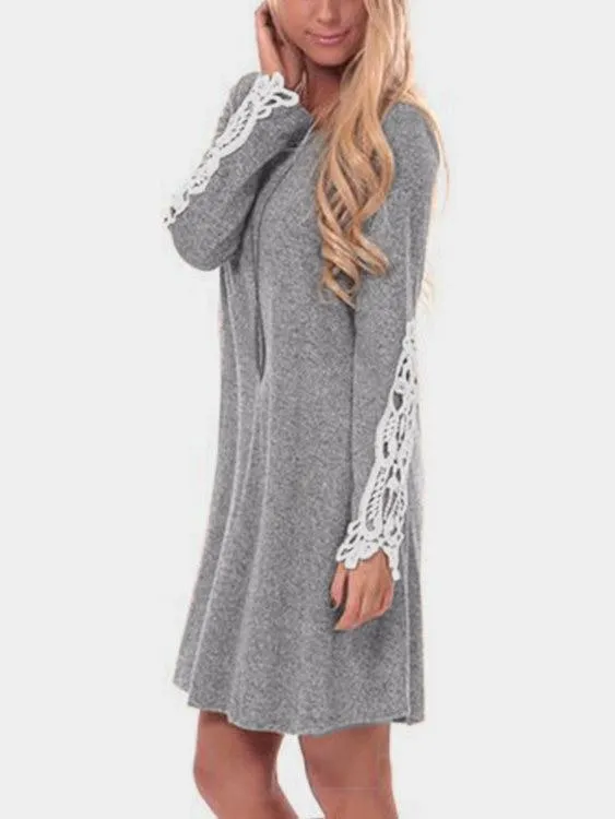 Wholesale Grey Round Neck Long Sleeve Plain Lace Mini Dress