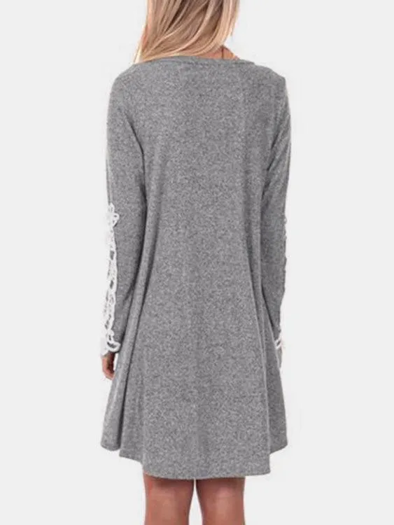 Wholesale Grey Round Neck Long Sleeve Plain Lace Mini Dress