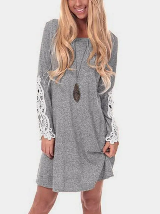 Wholesale Grey Round Neck Long Sleeve Plain Lace Mini Dress