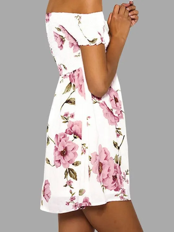 Wholesale Off The Shoulder Short Sleeve Floral Print Backless Mini Dresses