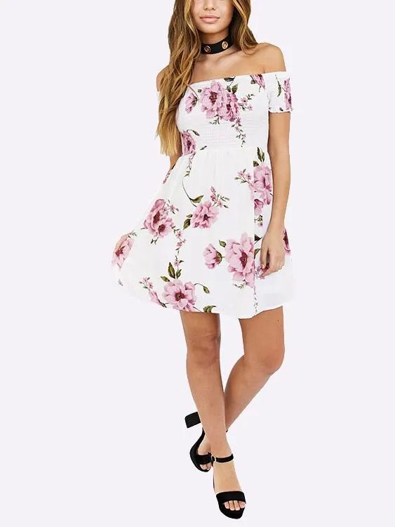 Wholesale Off The Shoulder Short Sleeve Floral Print Backless Mini Dresses