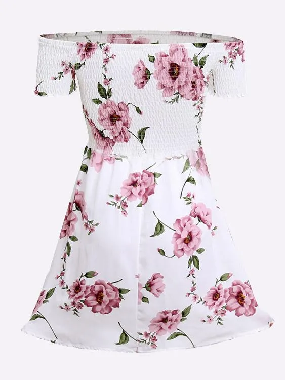 Wholesale Off The Shoulder Short Sleeve Floral Print Backless Mini Dresses