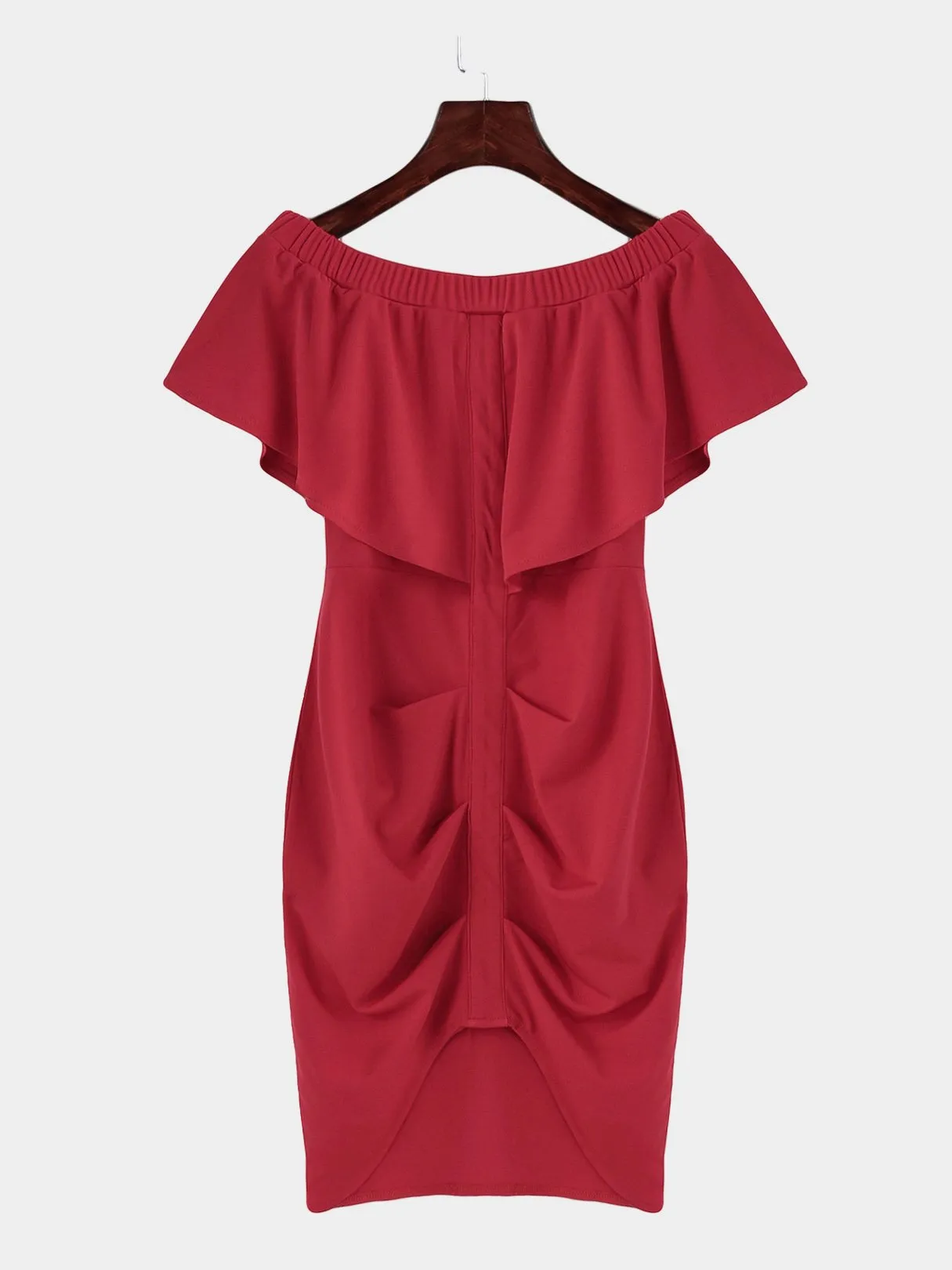 Wholesale Red Bateau Off The Shoulder Short Sleeve Plain Tiered Mini Dress