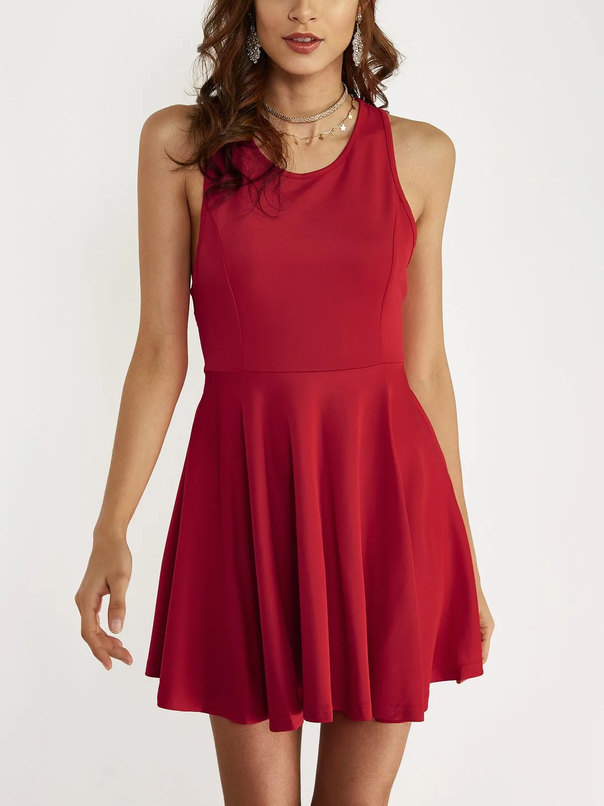 Wholesale Red Round Neck Sleeveless Zip Back Ruffle Hem Mini Dress