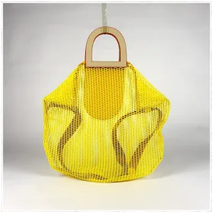 Womens Yellow Net Polyester Leather Tote Handbag Purse Polyester Tote Shoulder Bag Purse for Ladies